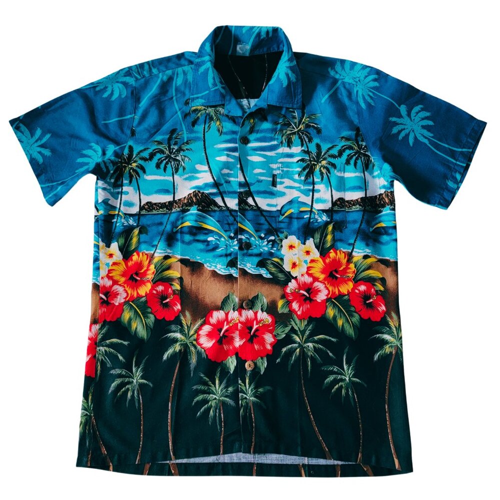 Men's Hawaiian Short-Sleeve Button-Down Shirt Blue Black Red Green Size Large